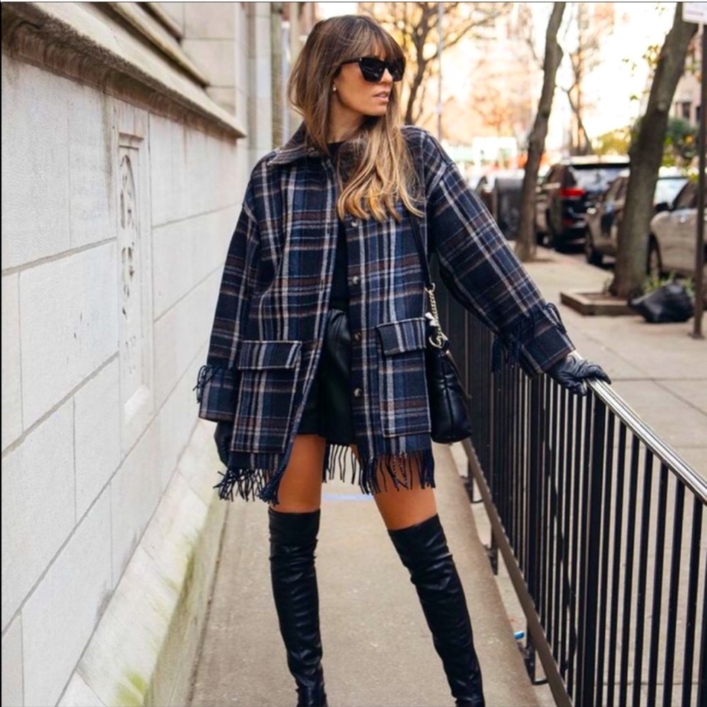 H&M fringe blue plaid shacket coat